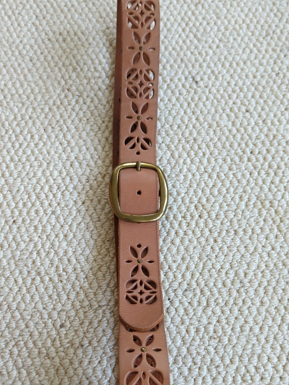Fossil Tan Floral Cutout Leather Belt with Brass Buckle